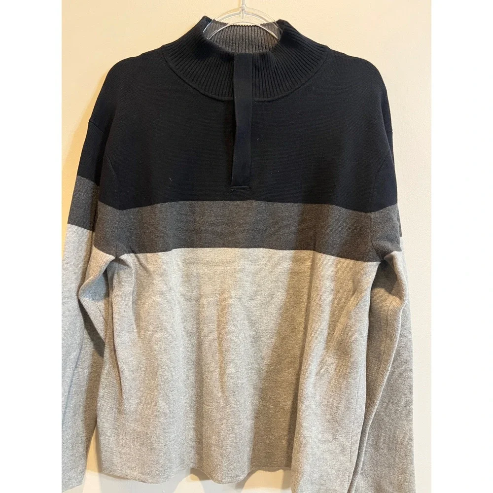 Gap Mens Quarter Zip All-Cotton Sweater Navy Gray Colorblock Mock Neck Large 90s